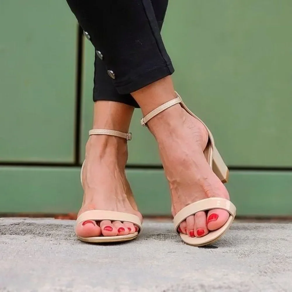 Women Ankle Straps Low Chunky Heels Sandals Beige Color - Picture 4 of 6